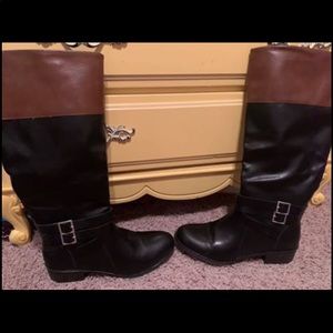 Brown and black boots